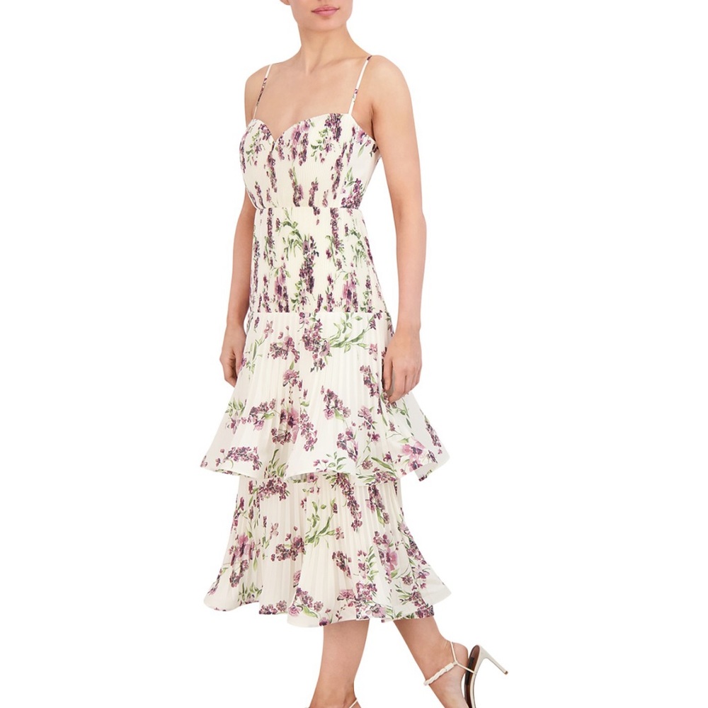 BCBGMaxAzria Cream and Purple Floral Midi Dress
